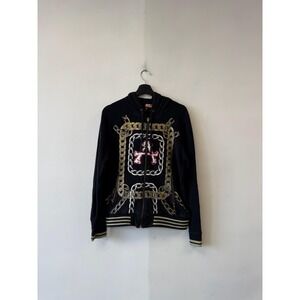 VTG AKDMKS Hoodie‎ Womens XL Black Zip Fleece Sweatshirt Skull Chain Gothic Y2K